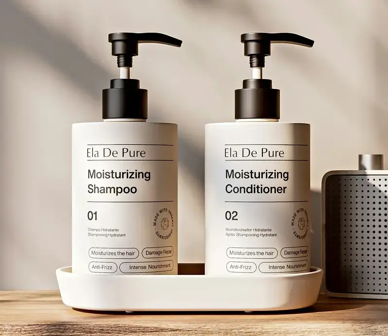 Shampoo and conditioner on a pink background